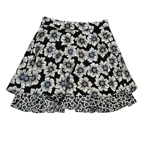 Kade Spade Hollyhock Double Layer Silk Blend Black Floral Print Mini Skirt Sz 4 - Picture 1 of 7